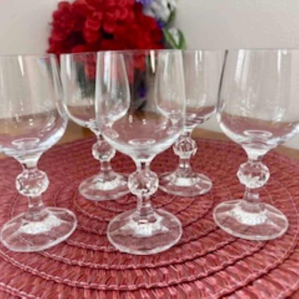Vintage Clear Crystal Cordial Glasses Set of 5 Faceted Ball Stem Liqueur Glasses